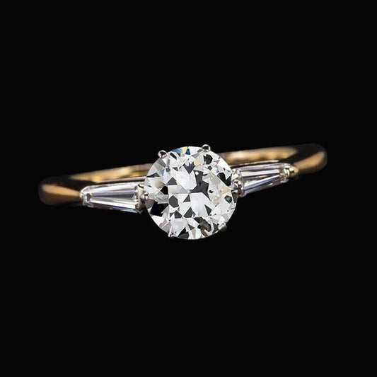 Baguette & Round Old Cut Diamond 3 Stone Ring 6 Prong Set 2.50 Carats