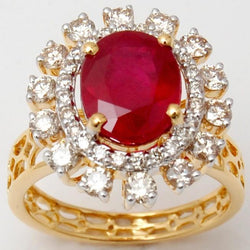 Beautiful Red Oval Shape Ruby With Natural Earth Mined Diamond Ring 7 Carats Yellow Gold