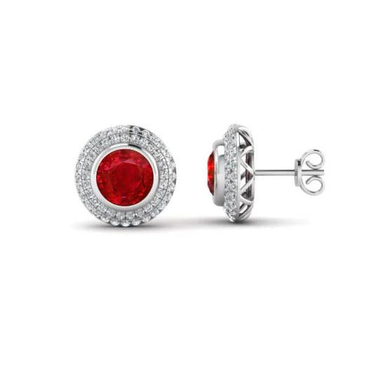Bezel Set 5.20 Carats Ruby And Diamonds Studs Earrings White Gold