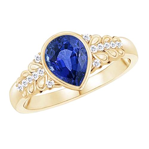 Bezel Set Pear Ceylon Sapphire & Diamond Ring Yellow Gold 4.75 Carats