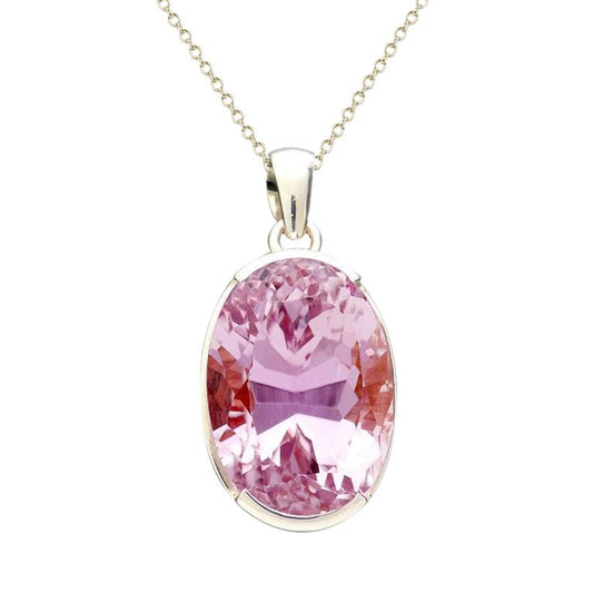 Big 36 Carats Oval Pink Kunzite Necklace Pendant White Gold Jewelry