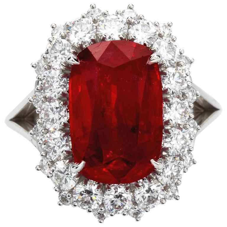 Big Cushion Cut Red Ruby With Diamond Ring White Gold 14K 7.25 Ct