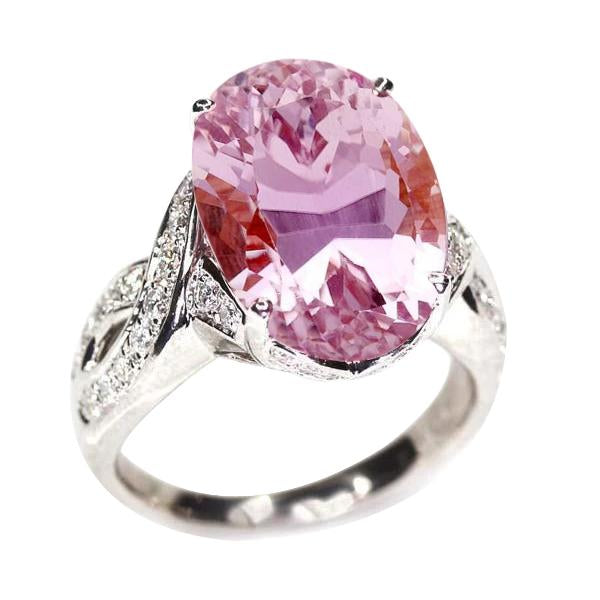 Big Kunzite With Small Diamonds 29.85 Carats Wedding Ring White Gold
