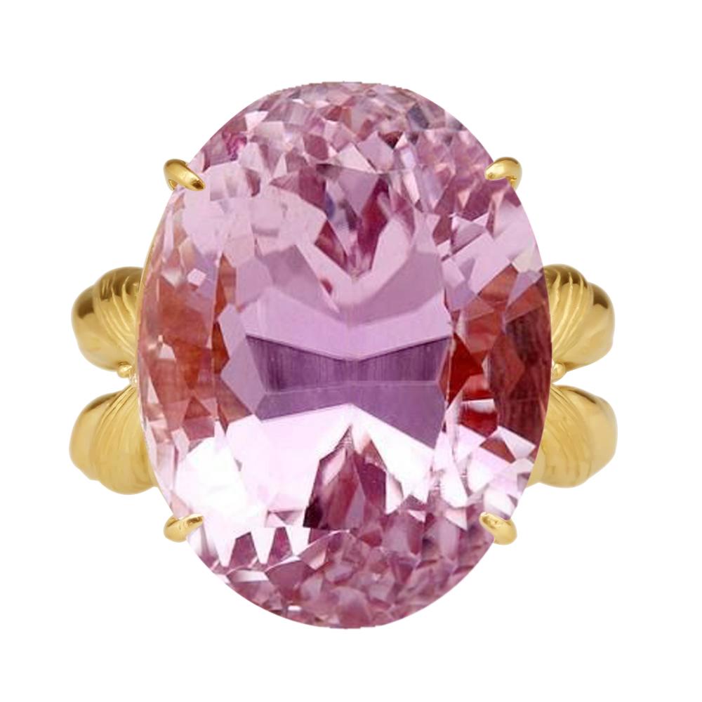 Big Oval Cut Pink Kunzite Gemstone Ring 30 Ct. Yellow Gold 14K