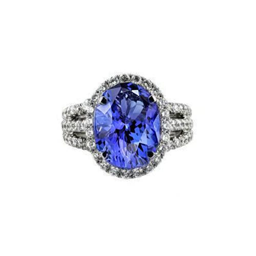 Big Oval Tanzanite With Small Round Diamonds 6.70 Ct Ring Gold 14K