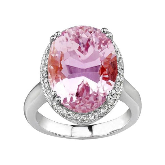 Big Pink Kunzite With Diamonds 30.75 Ct Wedding Ring Gold White 14K