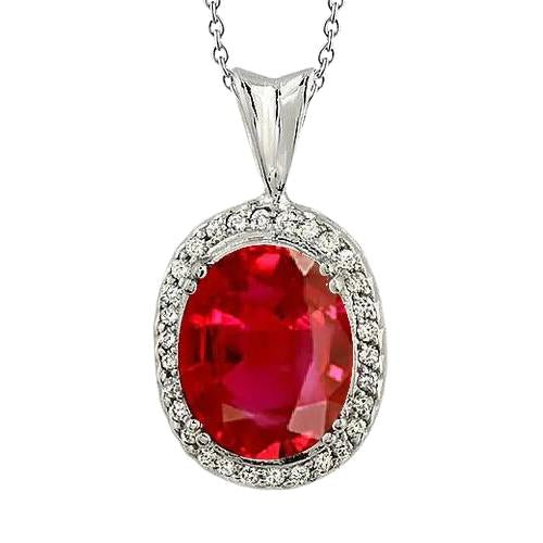 Big Red Ruby With Small Diamonds 7.30 Ct. Pendant Necklace Gold 14K