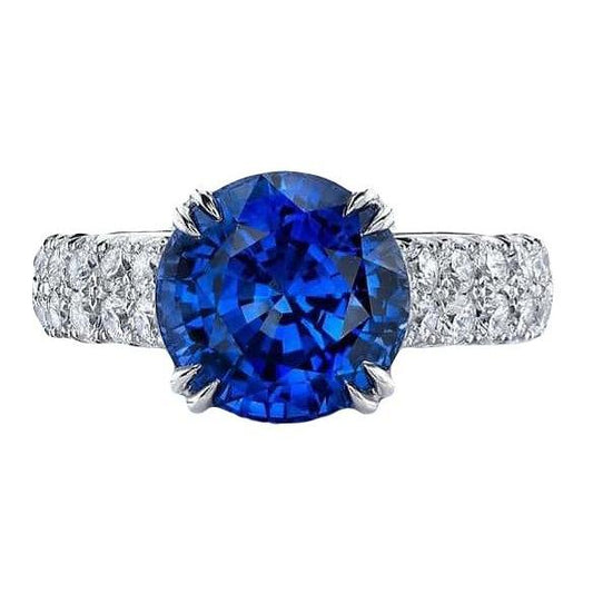 Big Round Diamond Ring Genuine Blue Sapphire 6 Carats Prong Set Gold
