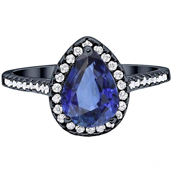 Black Gold Halo Pear Shaped Ring Blue Sapphire & Diamonds 4 Carats
