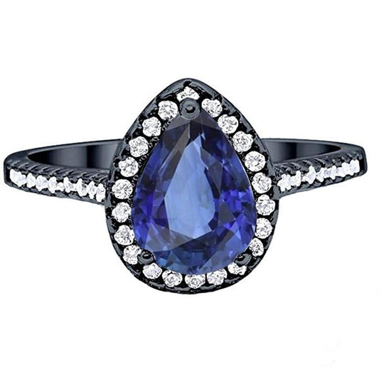 Black Gold Halo Pear Shaped Ring Blue Sapphire & Diamonds 4 Carats