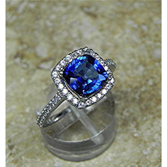 Blue Cushion Cut Sapphire Halo Diamond Wedding Ring 3.5 Ct Gold 14K