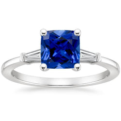 Blue Cushion Sapphire & Baguette Natural Earth Mined Diamonds 3 Stone Ring 2.75 Carats New