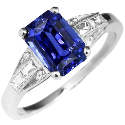 Blue Emerald Sapphire Ring Baguette & Round Diamond 4 Carats