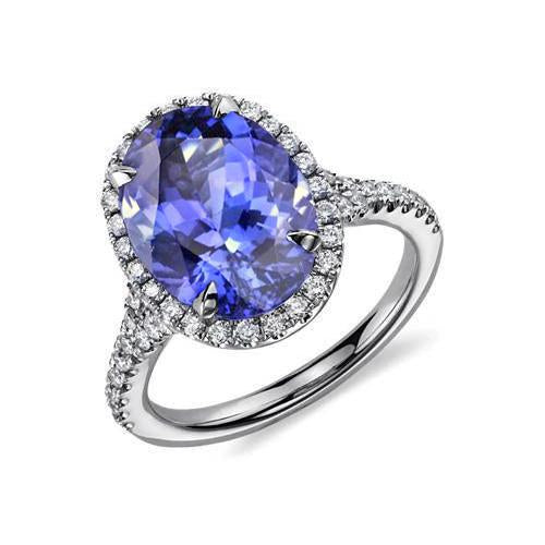 Blue Oval Cut Tanzanite And Diamond Ring 6.50 Carats White Gold 14K