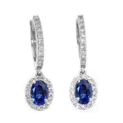 Blue Oval Sapphire & Natural Earth Mined Diamond 3.10 Carats Drop Earring White Gold 14K