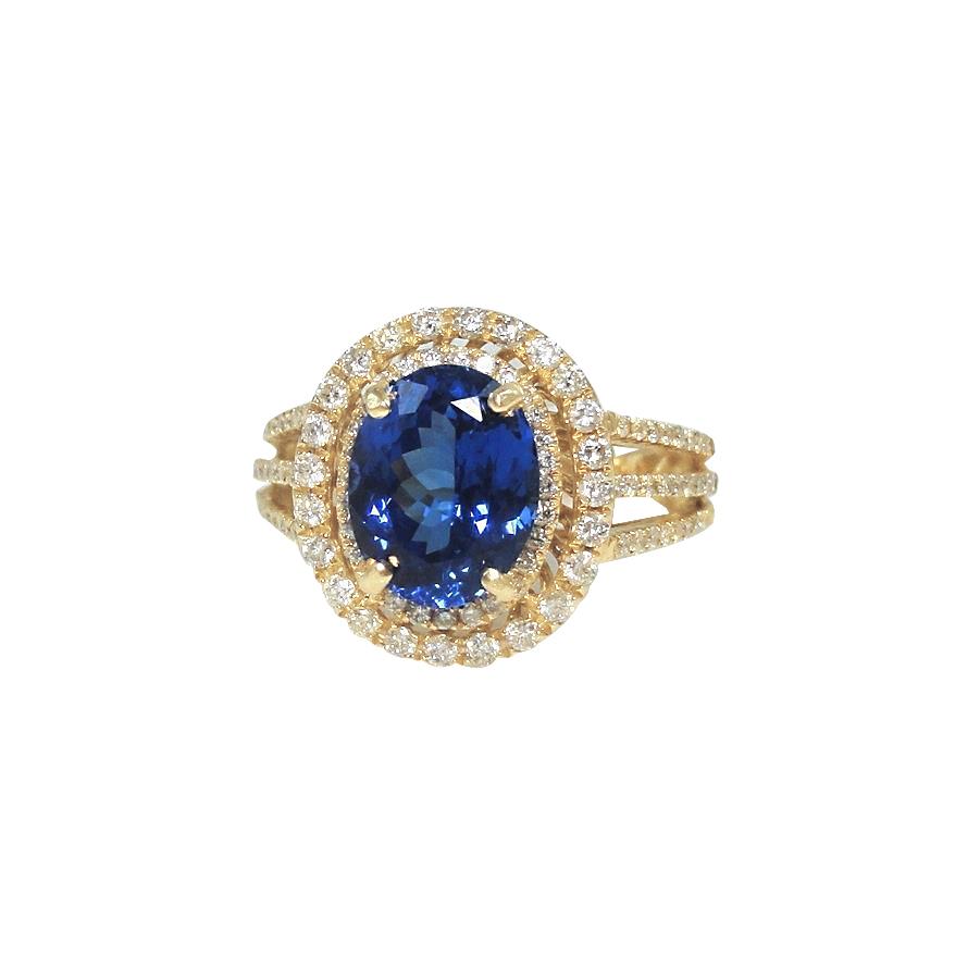 Blue Oval Tanzanite Diamond Ring 6 Ct 14K Yellow Gold
