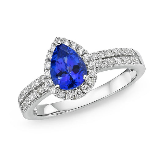 Blue Pear Shape Tanzanite And Round Diamonds 4.75 Ct Ring 14K Gold