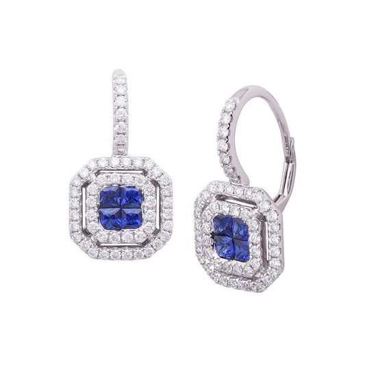 Blue Princess Sapphire And Diamond Drop Earring Gold 14K 2.30 Ct