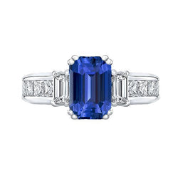 Blue Sapphire 3 Stone Emerald Cut Ring & Princess Natural Earth Mined Diamonds 4 Carats