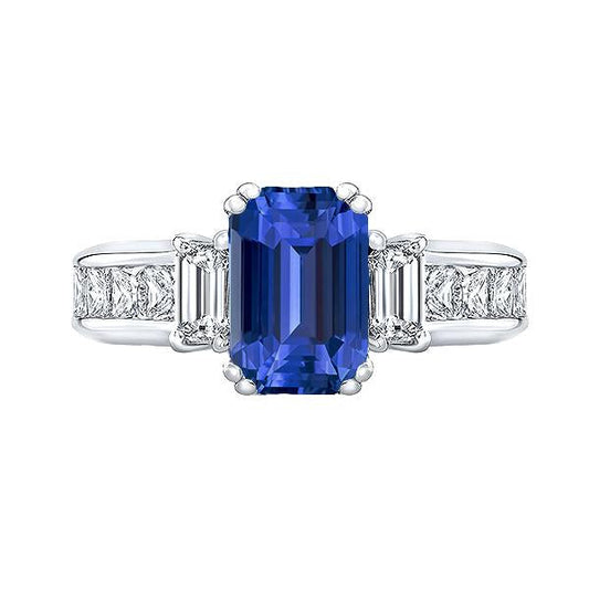 Blue Sapphire 3 Stone Emerald Cut Ring & Princess Diamonds 4 Carats