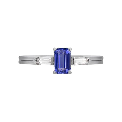 Blue Sapphire 3 Stone Emerald Ring With Baguette Diamonds 2.25 Carats