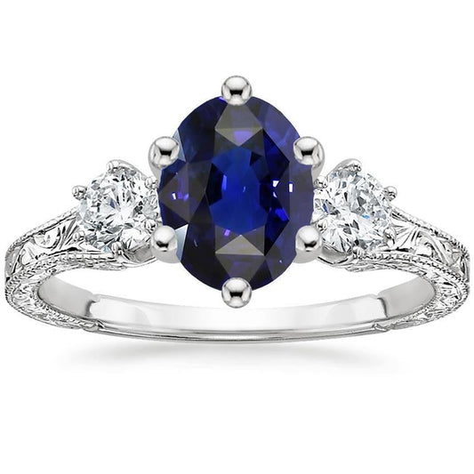 Blue Sapphire 3 Stone Ring & Diamonds 2.50 Carats Antique Style