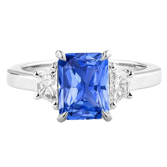 Blue Sapphire 3 Stone Ring Half Moon Diamonds Prong Set 3.50 Carats