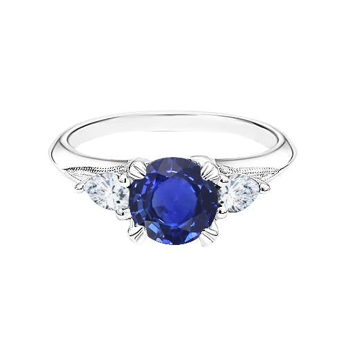 Blue Sapphire 3 Stone Round Sapphire Ring 1.50 Carats Pear Diamonds