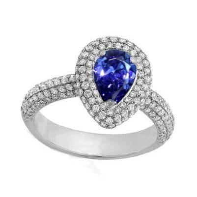 Blue Sapphire Center Pear Round Diamond Ring 2.30 Carat White Gold 14K