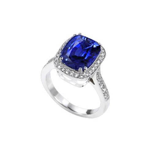 Blue Sapphire Cushion And Round Cut 4.55 Carat Diamonds Ring WG 14K