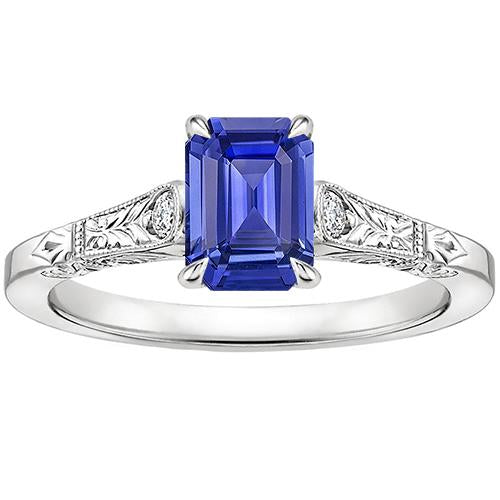 Blue Sapphire & Diamond 3 Stones Ring 3.25 Carats Emerald Cut