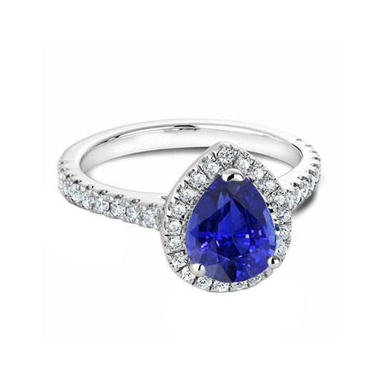 Blue Sapphire & Diamond Halo Pear Cut Ring 3.50 Carats White Gold