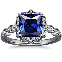 Blue Sapphire Diamond Halo Ring Princess Cut Vintage Style 6 Carats