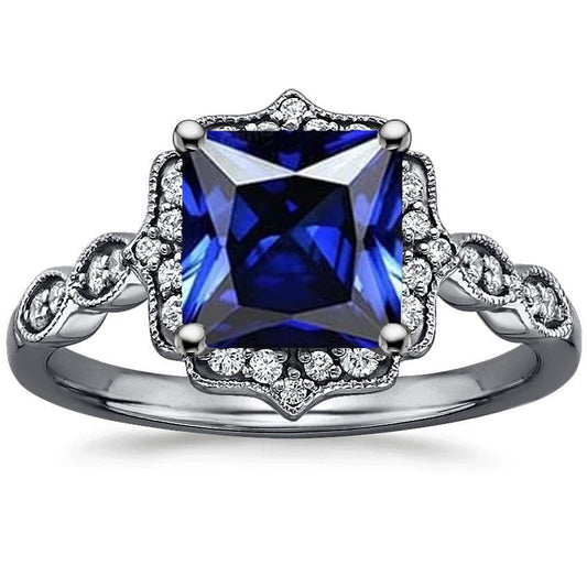 Blue Sapphire Diamond Halo Ring Princess Cut Vintage Style 6 Carats
