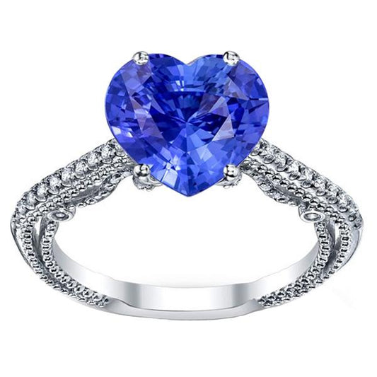 Blue Sapphire Diamond Ring 3 Carats Pave Set Accents Gold 14K Milgrain