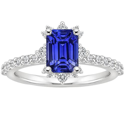 Blue Sapphire & Diamond Ring 4.25 Carat Emerald Solitaire With Accents