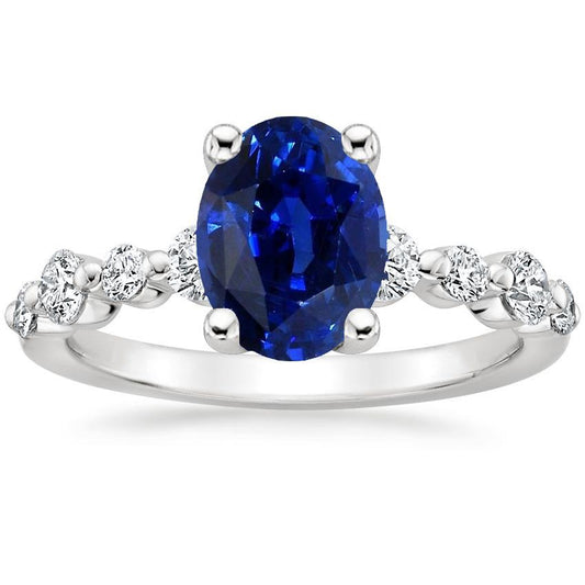 Blue Sapphire & Diamond Ring Oval Shaped 4.50 Carats Women's Jewelry
