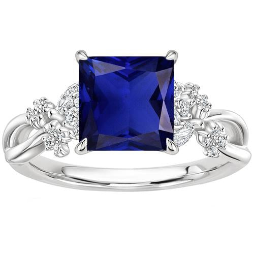 Blue Sapphire & Diamond Ring Princess Round & Marquise Cut 4 Carats