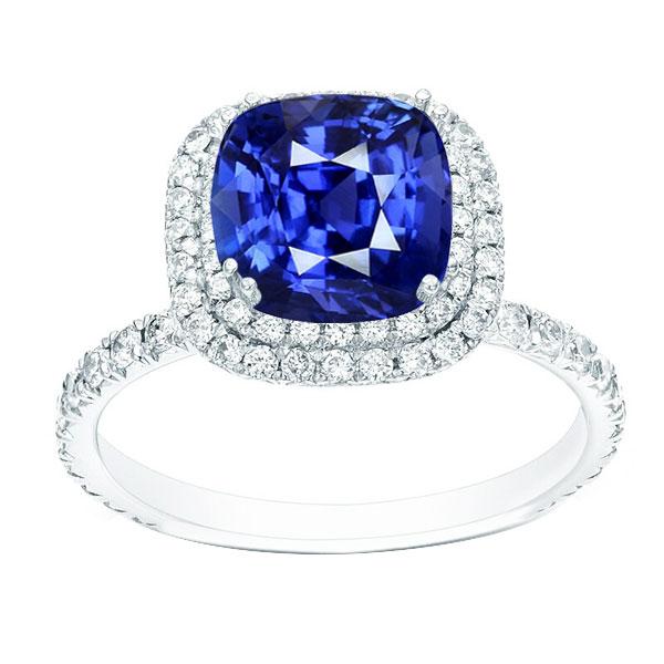 Blue Sapphire Double Halo Ring Gold 14K Diamond Jewelry 5 Carats