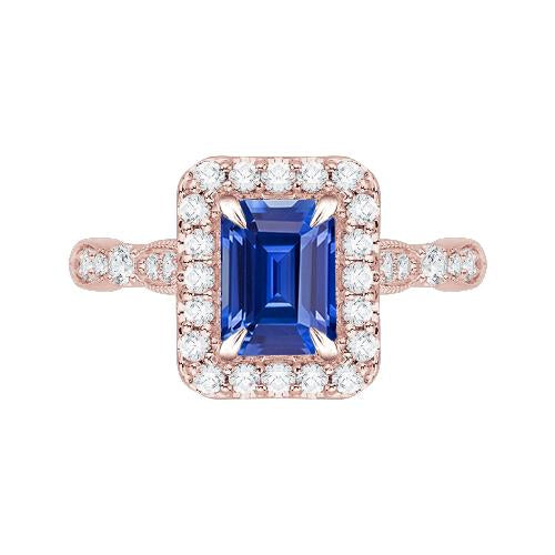 Blue Sapphire Engagement Ring 3 Carats Emerald Cut Rose Gold Milgrain
