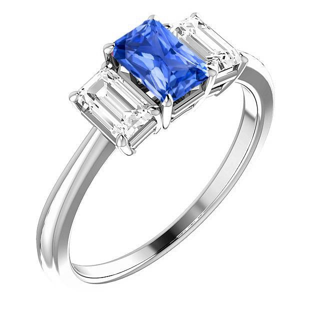 Blue Sapphire Engagement Ring 3 Stone 2 Carats Emerald Cut Diamonds