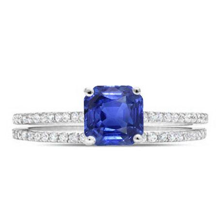 Blue Sapphire Engagement Ring Set Asscher Cut White Gold 14K 3 Carats