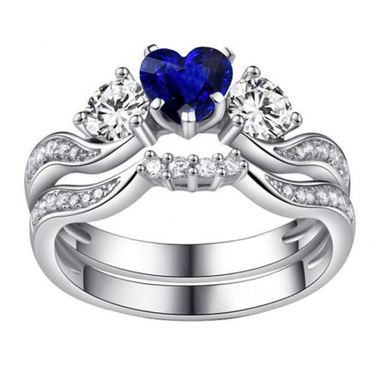 Blue Sapphire Engagement Ring Set With Gold Diamond Band 3 Carats 14K
