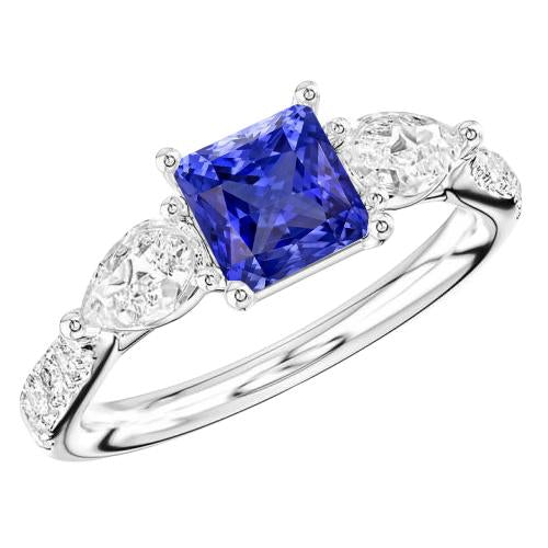 Blue Sapphire Gemstone Radiant Cut Ring Pear & Round Diamonds 3 Carats