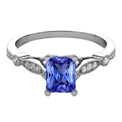 Blue Sapphire Gemstone Radiant Shaped Ring Milgrain Shank 2.50 Carats