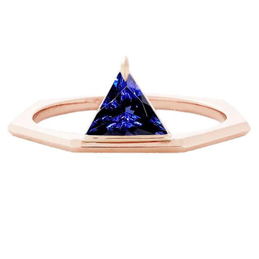Blue Sapphire Gemstone Trillion Ring 14K Rose Gold 1 Carat Jewelry