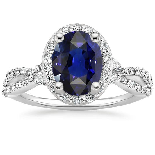 Blue Sapphire Halo Anniversary Ring Twist Style 5 Carats Gold