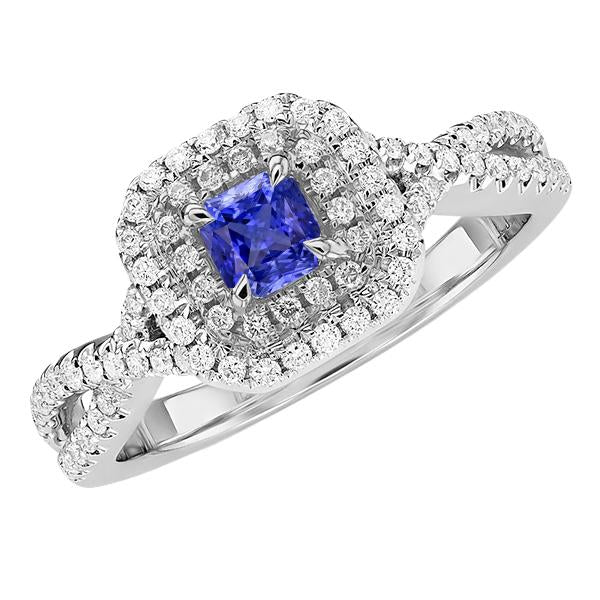 Blue Sapphire Halo Diamond Radiant Shape Ring Twisted Shank 3.50 Carat
