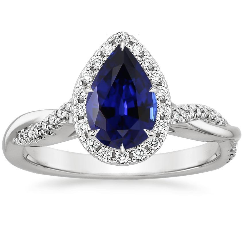 Blue Sapphire Halo Diamond Ring Prongs Pear Cut Stone 7.25 Carats Gold