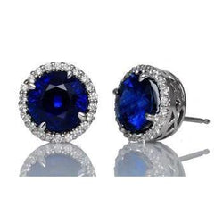 Blue Sapphire Halo Natural Earth Mined Diamond Stud Earring Gold White 14K 5 Carats